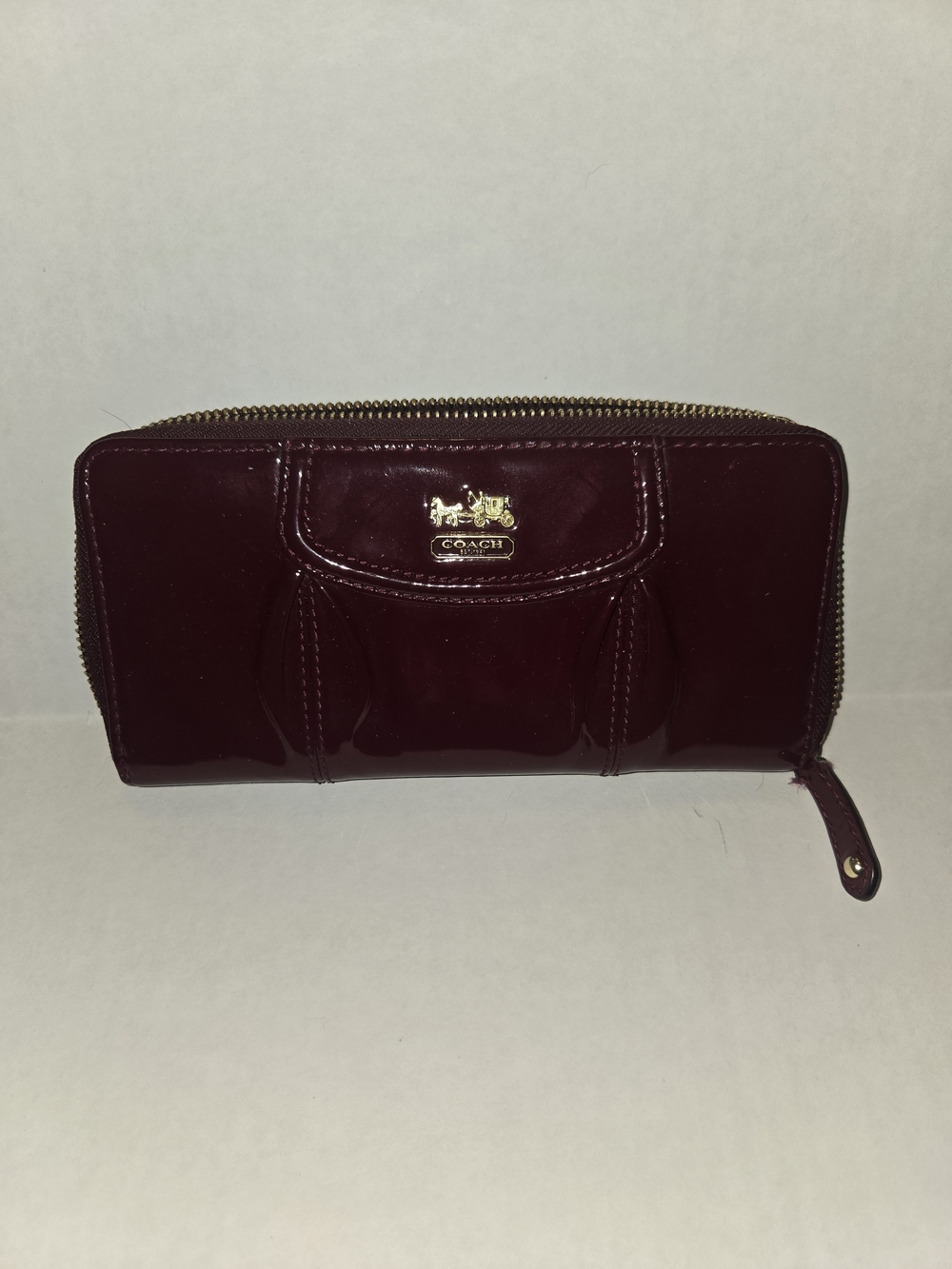 Coach Patent Leather Zip Wallet in Deep Burgundy